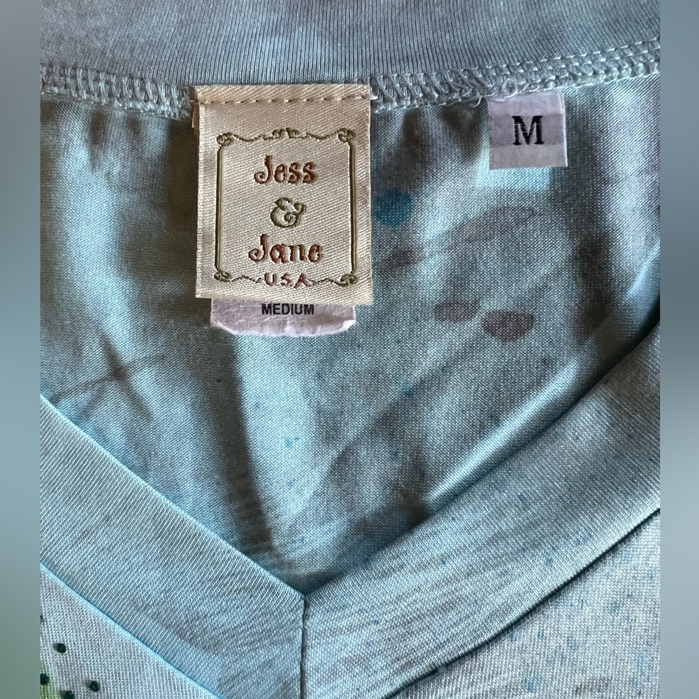 Jess & Jane Peacock Feather Print Bling Sharkbite Tunic Top 3/4 Slvs Size M - Picture 4 of 9